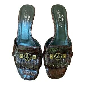 Donald J Pliner Couture Brown Gator Embossed Kitten Heel Sandals 7.5 Y2K Studded